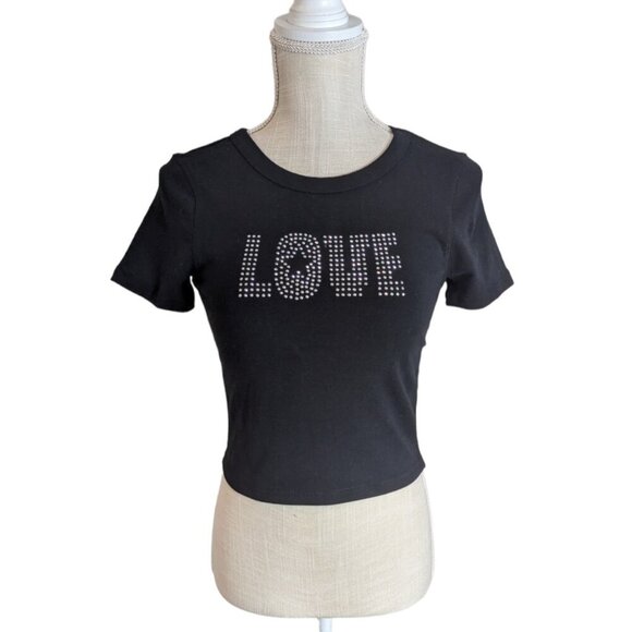 Wild Fable Womens Love Spellout Cropped Tee Black Top - Picture 1 of 6